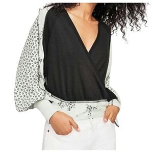 Free People Women Auxton Thermal Wrap Top M Black Mint Floral Print Long Sleeve